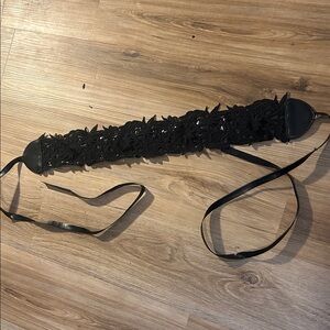Black Floral Lace Waist Belt with Ribbon Tie